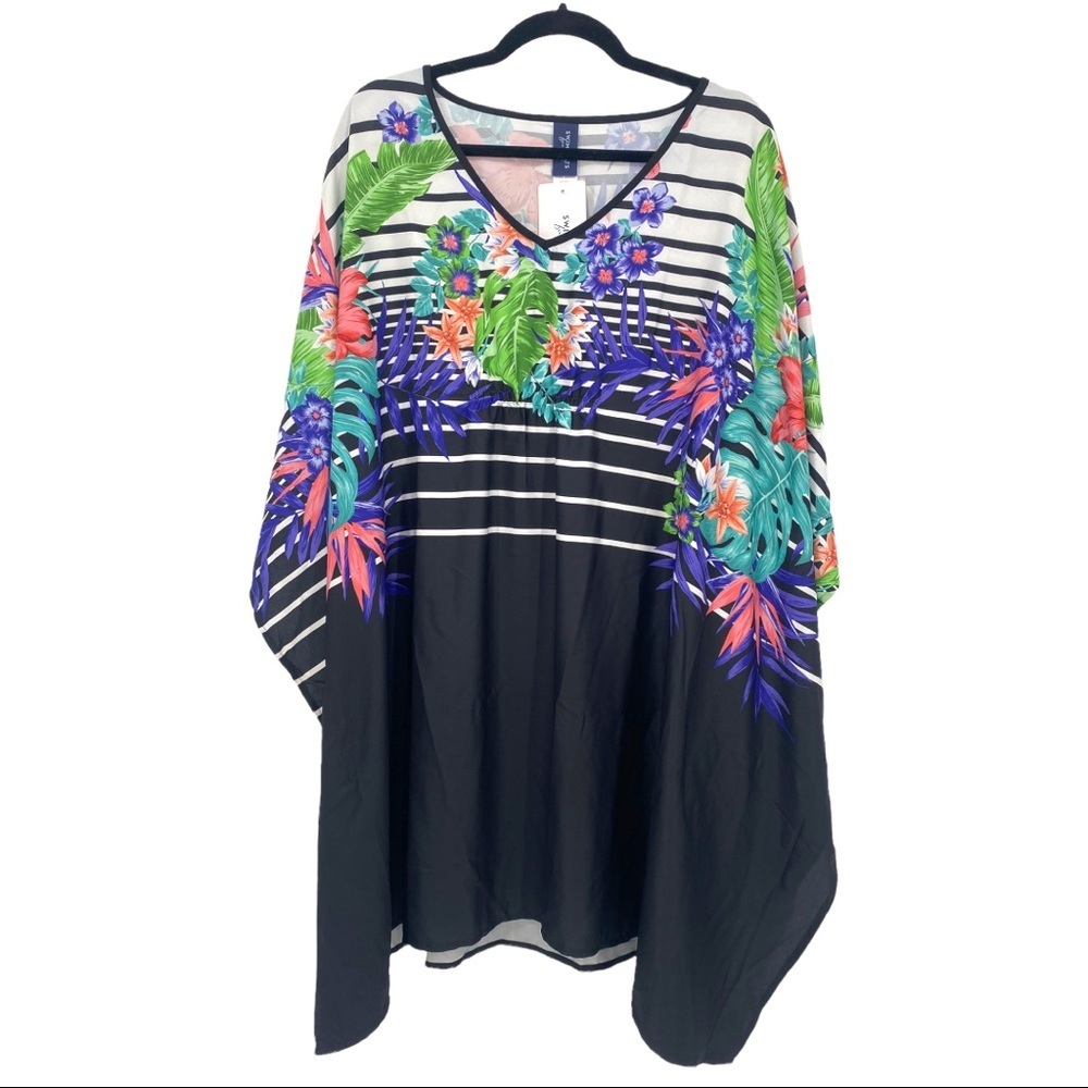 Swimsuits for All Cover Up 18/20 Poncho Pullover Stripes Floral Black White New